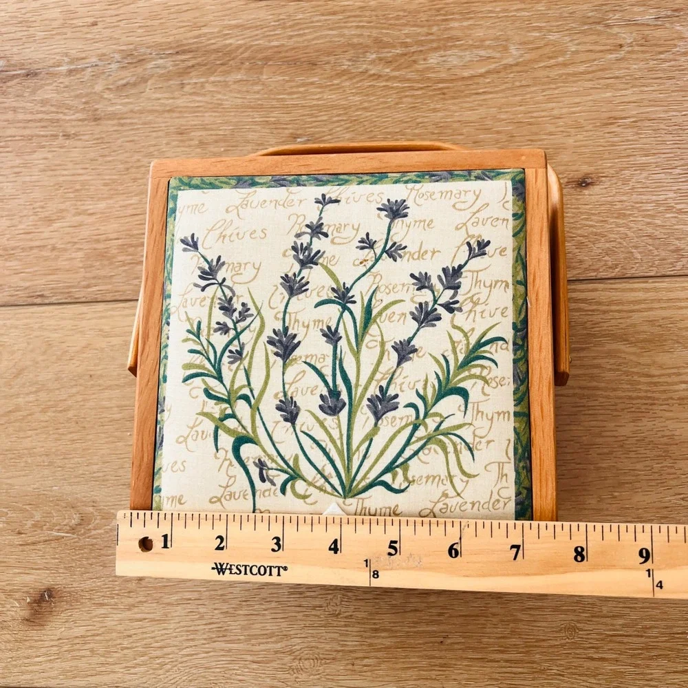 Vintage Woven Wicker Sewing Basket Lavender Thyme Botanical Print Wood Trim Box